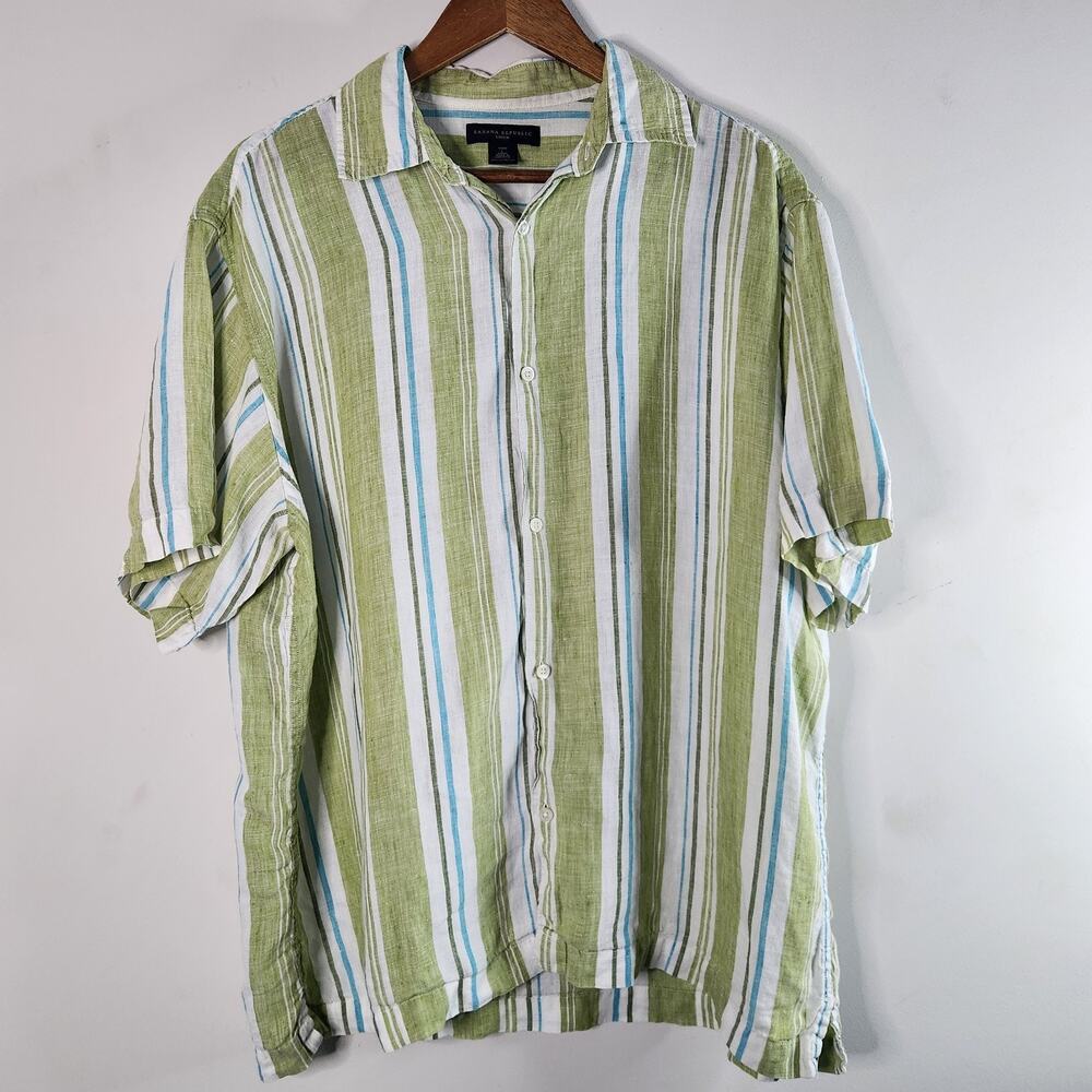 Banana Republic Vintage Womens Green Linen Striped Button Up Blouse Size Large